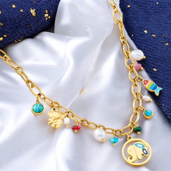 🆕18K Gold Plated Colorful Elephant Turquoise Fish Pearl Charm Necklace + Gift🎁 - Picture 6 of 15